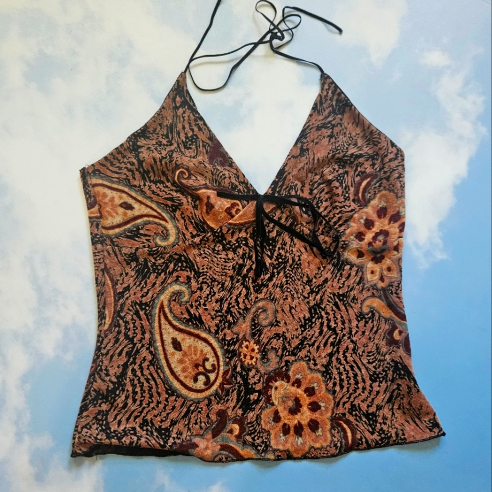Y2k Brown Paisley Print Halter Top 90s Vintage Y2k Top